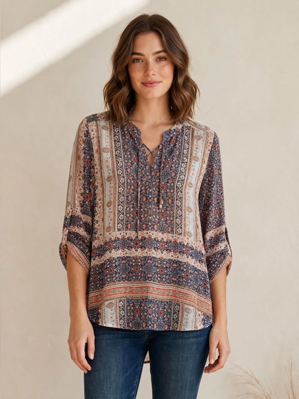 Unity World Wear Boho Paisley Border Print Tunic Blouse Top XL
